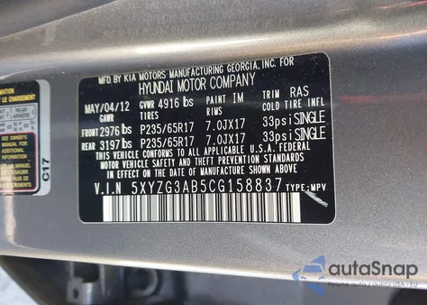 2012 Hyundai Santa Fe Gls z USA, uszkodzony, nr VIN 5XYZG3AB5CG158837